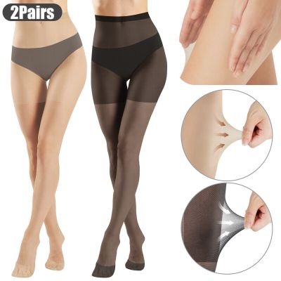 2 Pairs Sheer Pantyhose Ultra Thin Control Top Tights Breathable Reinforced Toe